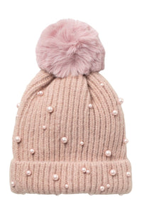 Faux Fur Pom Beanie With Pearls